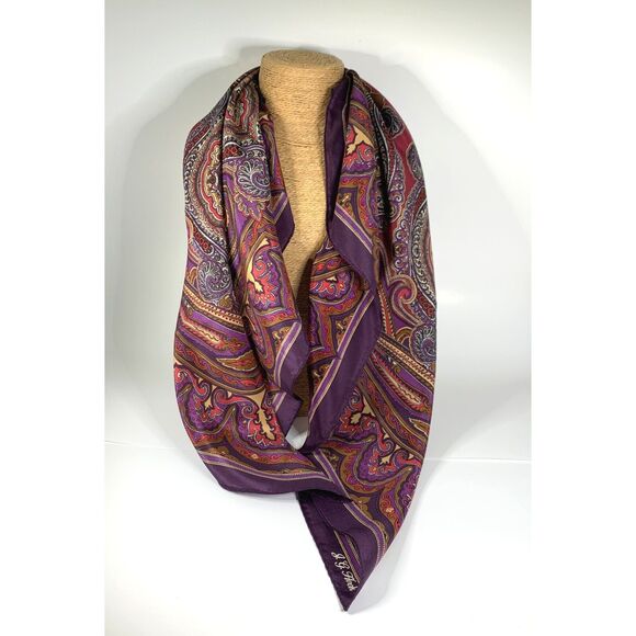 Purple Silk Paisley Scarf Square Signed JG Hook Old Money Career Professional - Picture 1 of 5